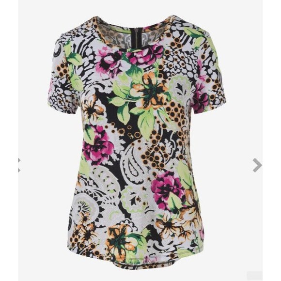 Chico’s Tropical Floral Colorful Short Sleeve Zippered Tee Size 2 Or Large - Picture 1 of 10
